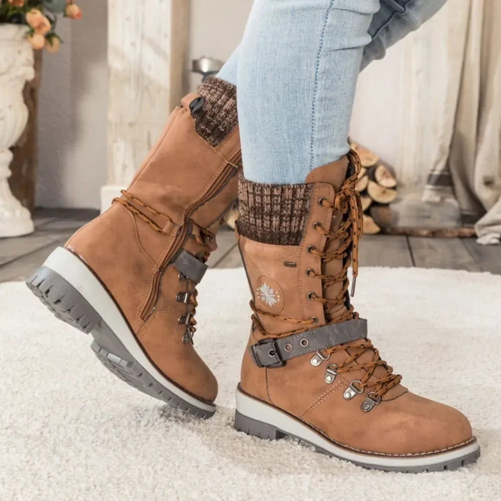 Bottes hautes femme d'hiver à lacets et boucle avec semelle antidérapante et bord en maille 13