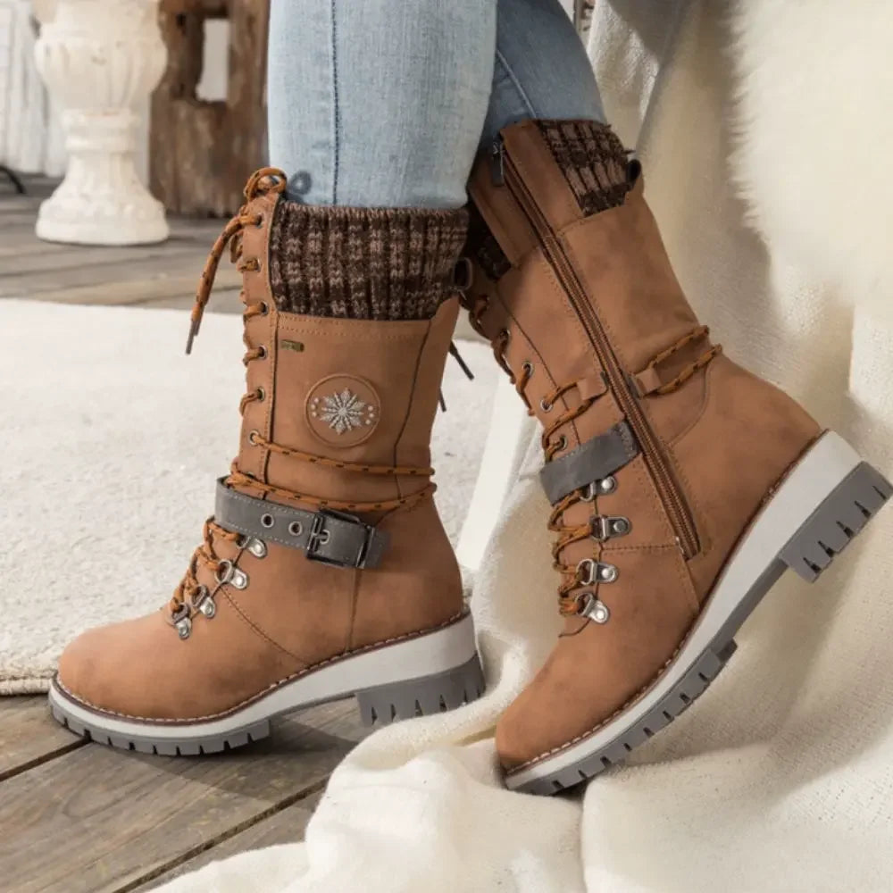 Bottes hautes femme d'hiver à lacets et boucle avec semelle antidérapante et bord en maille 3