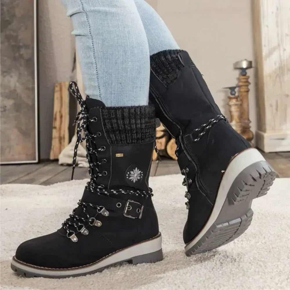 Bottes hautes femme d'hiver à lacets et boucle avec semelle antidérapante et bord en maille 7