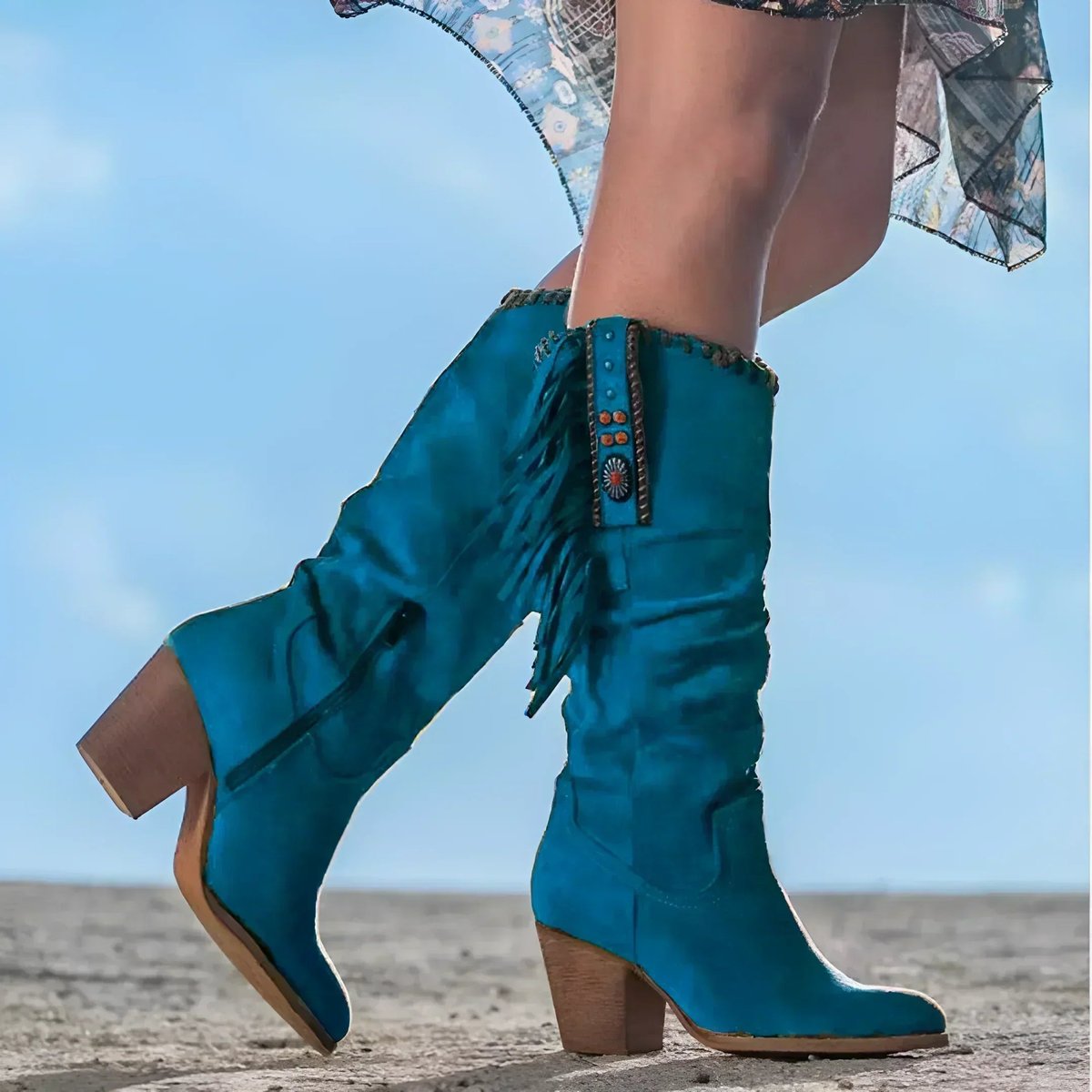 Bottes western femme à franges en daim à talon bloc 3