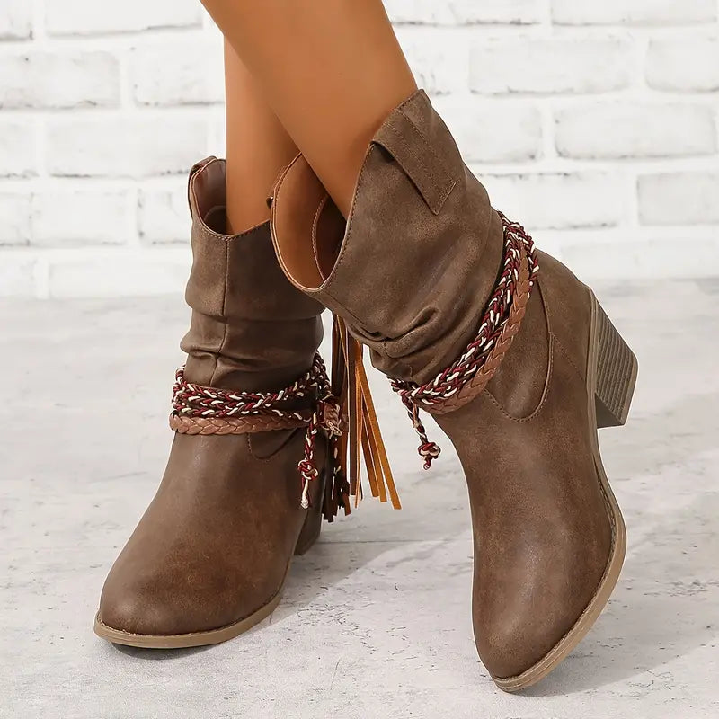 Bottes western femme à talon bloc, bout rond et franges 2
