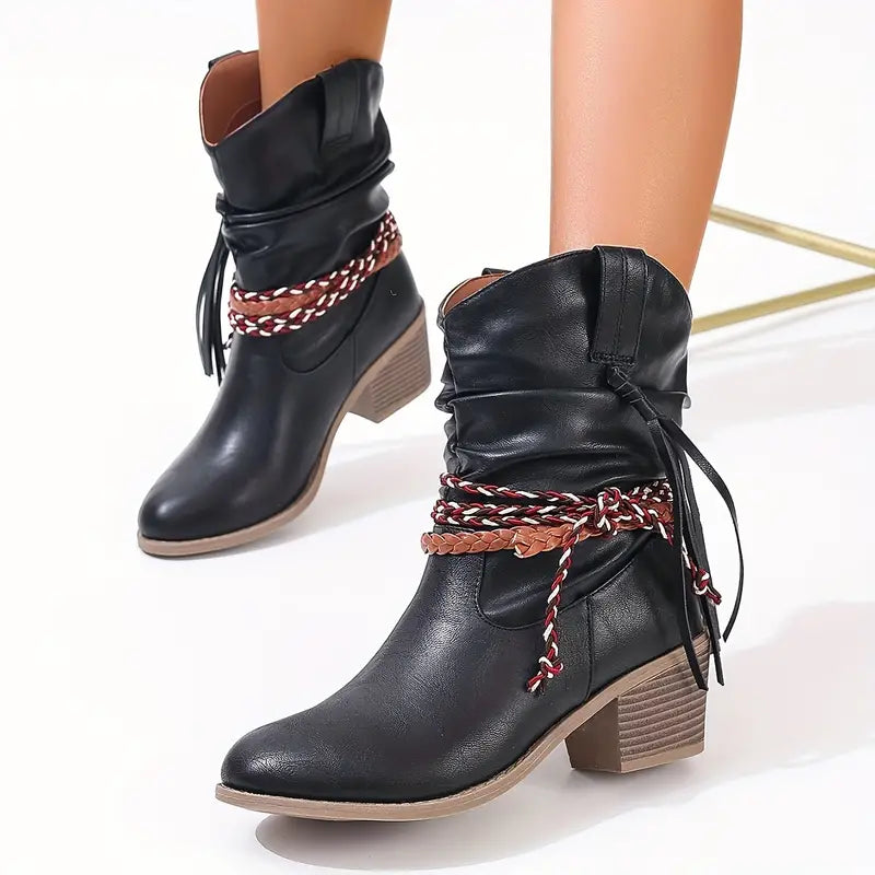 Bottes western femme à talon bloc, bout rond et franges 6