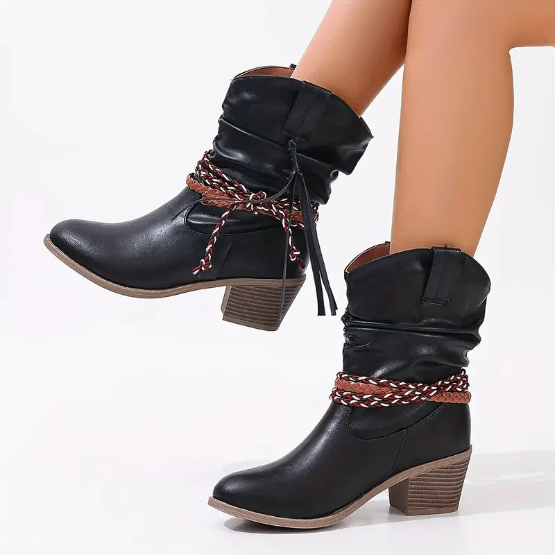 Bottes western femme à talon bloc, bout rond et franges 7