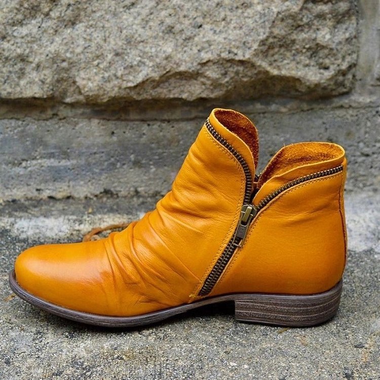 Bottines en cuir femme froncées à talon plat et fermeture éclair 2