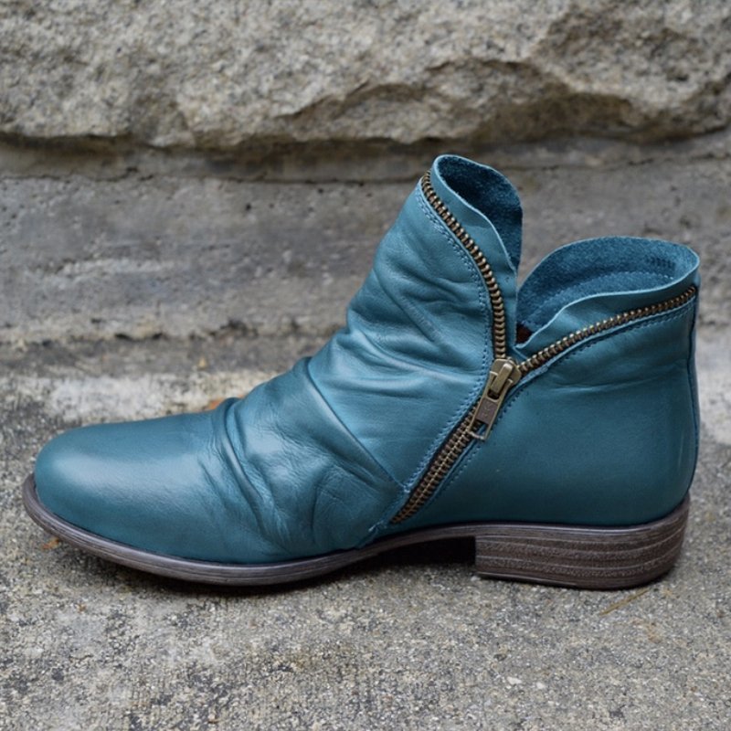 Bottines en cuir femme froncées à talon plat et fermeture éclair 5