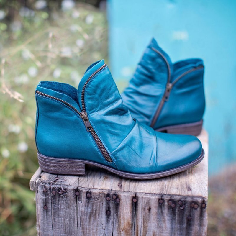 Bottines en cuir femme froncées à talon plat et fermeture éclair 7