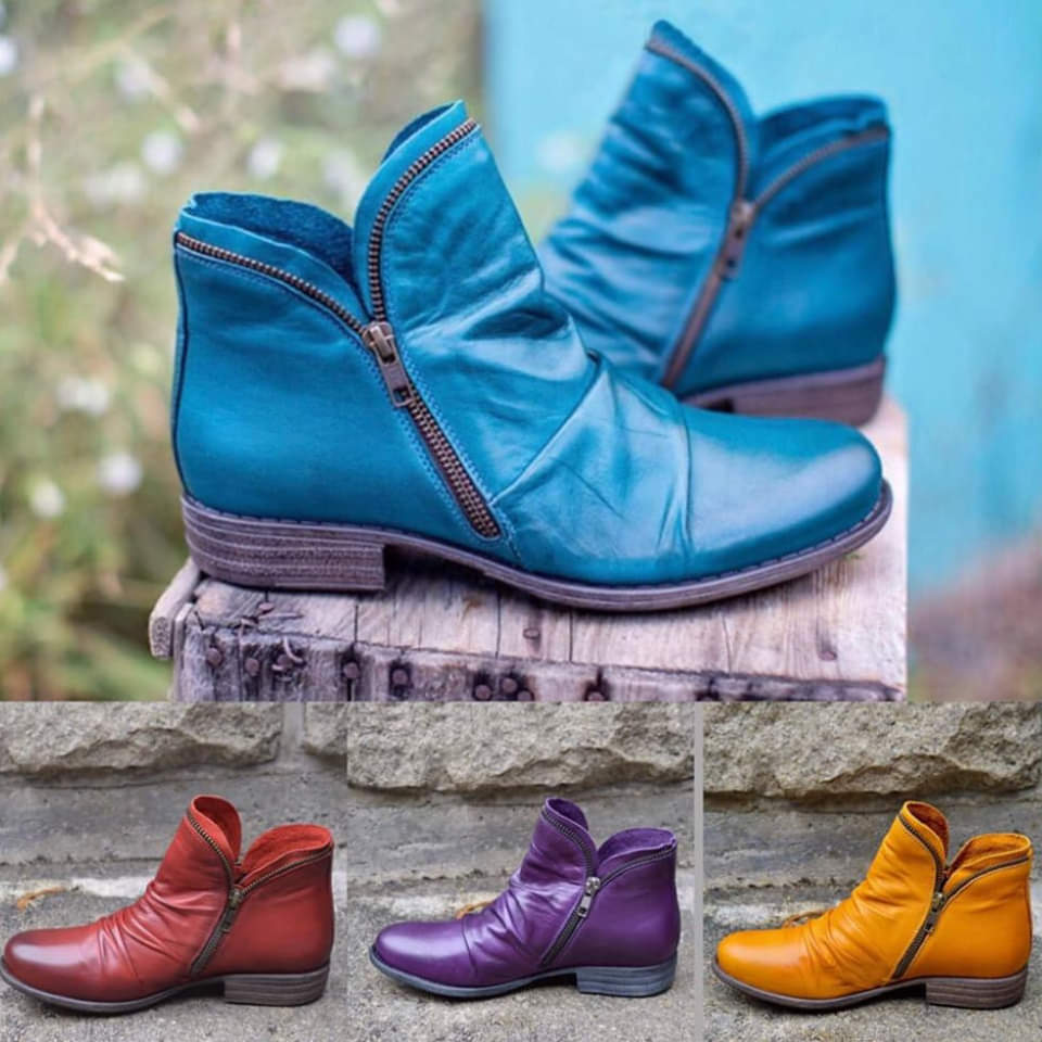 Bottines en cuir femme froncées à talon plat et fermeture éclair 8