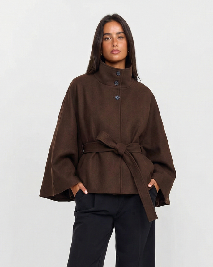 Cape femme en laine à col montant et ceinture 1