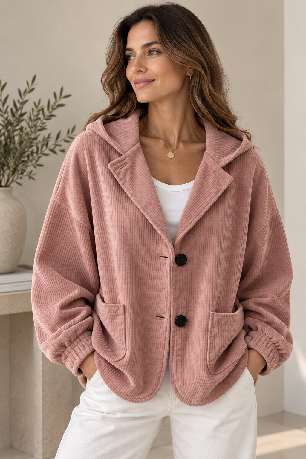 Cardigan femme à capuche en velours côtelé coupe oversize 2