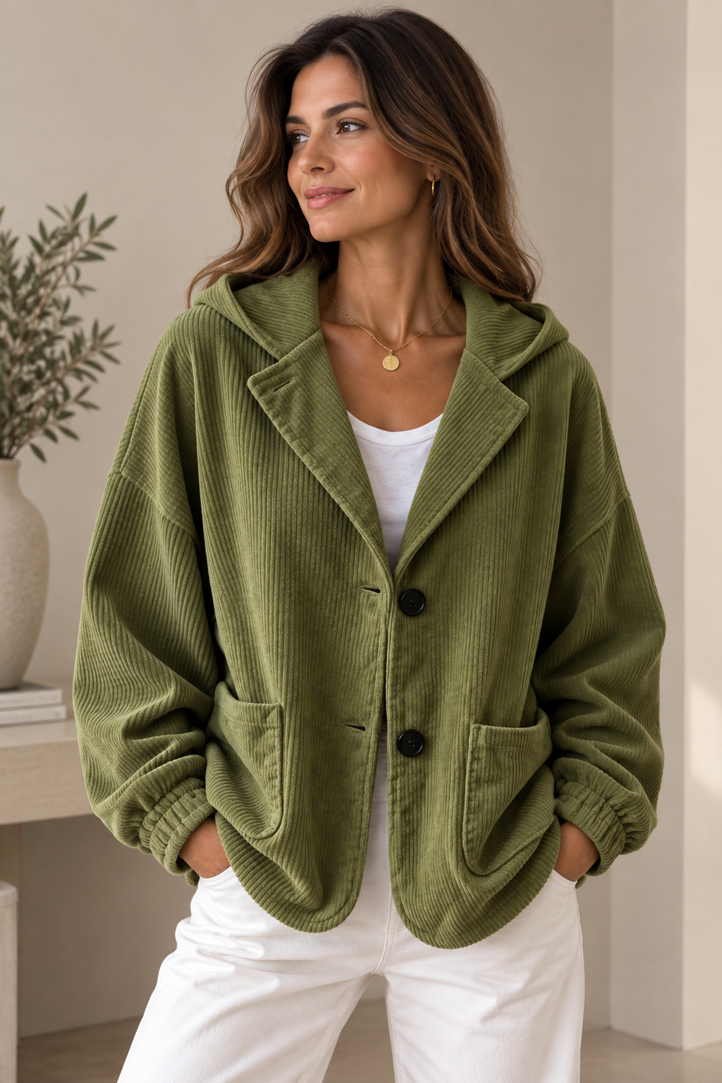 Cardigan femme à capuche en velours côtelé coupe oversize 4