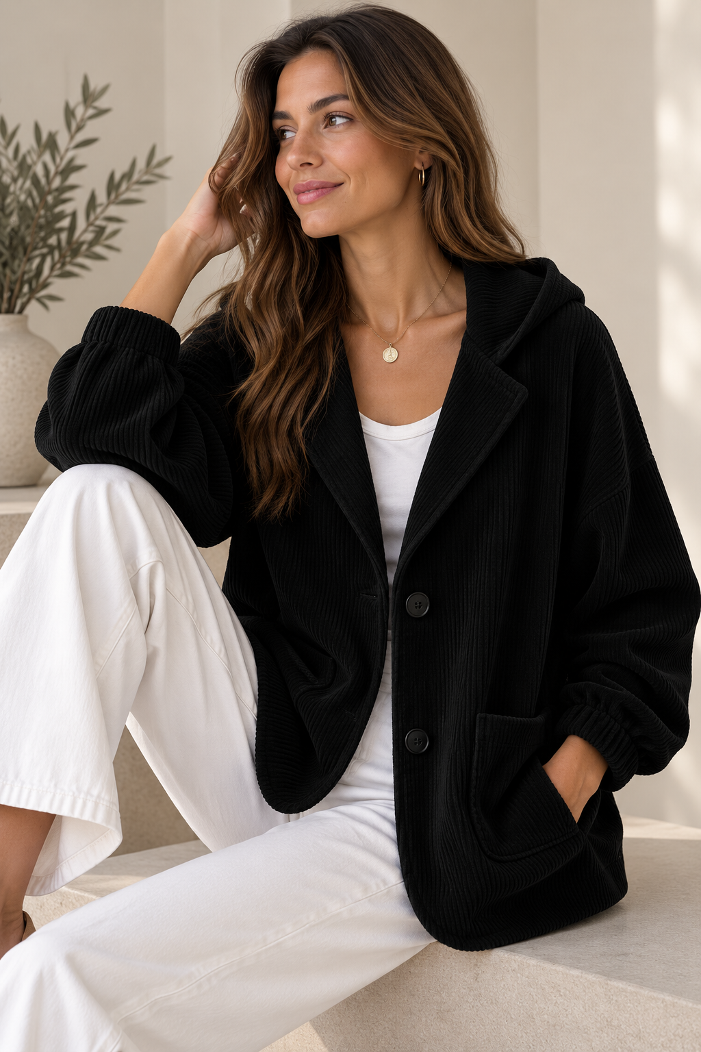 Cardigan femme à capuche en velours côtelé coupe oversize 5