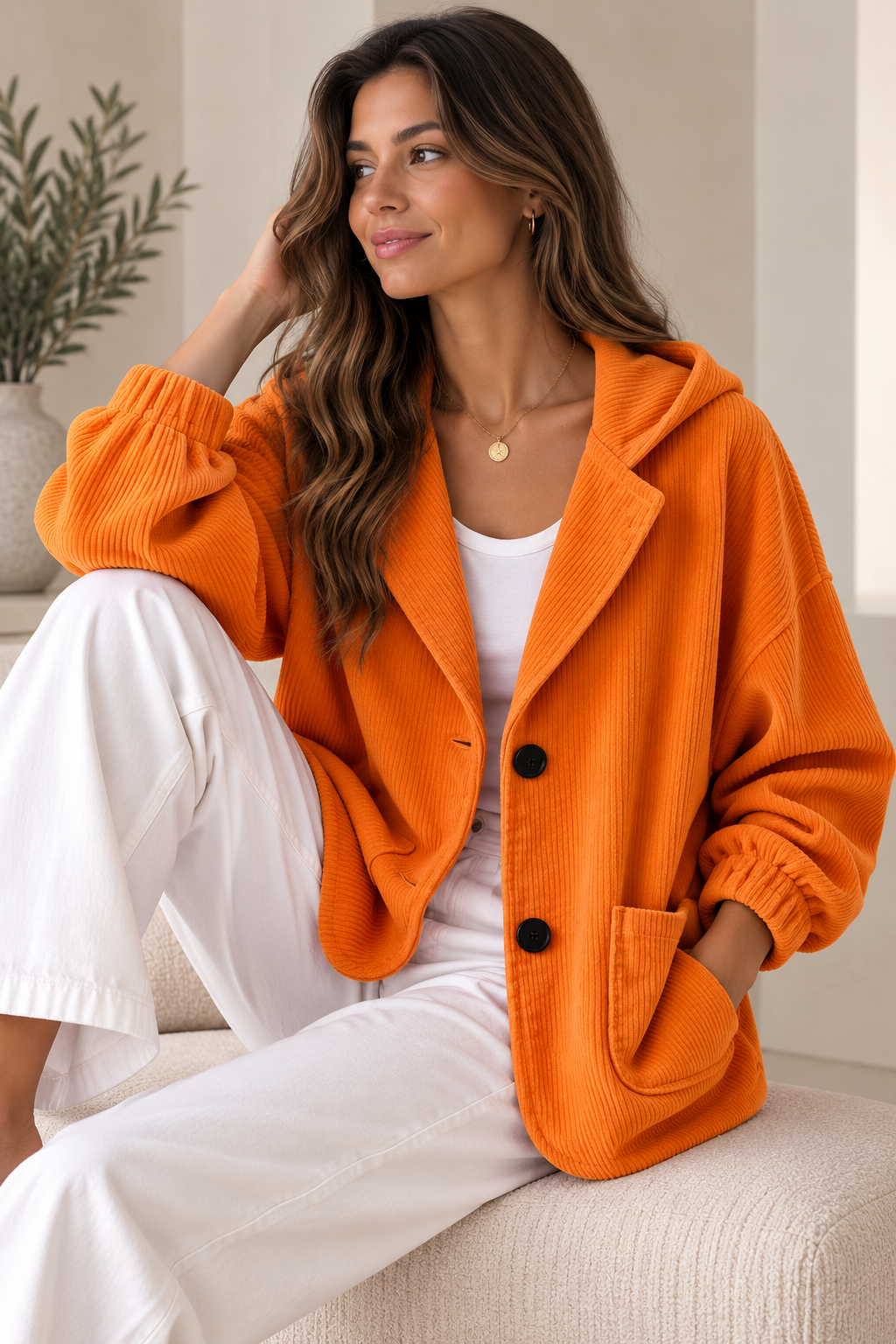 Cardigan femme à capuche en velours côtelé coupe oversize 6