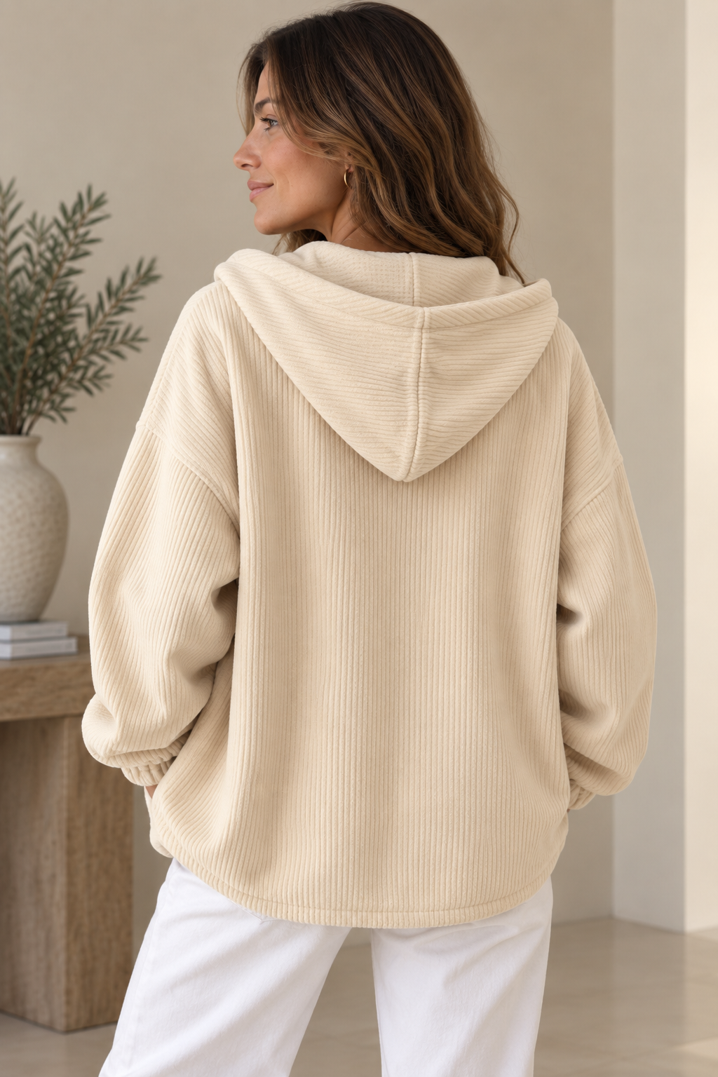 Cardigan femme à capuche en velours côtelé coupe oversize 7