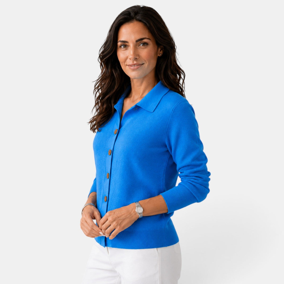 Cardigan femme en maille côtelée boutonné à col chemise 12