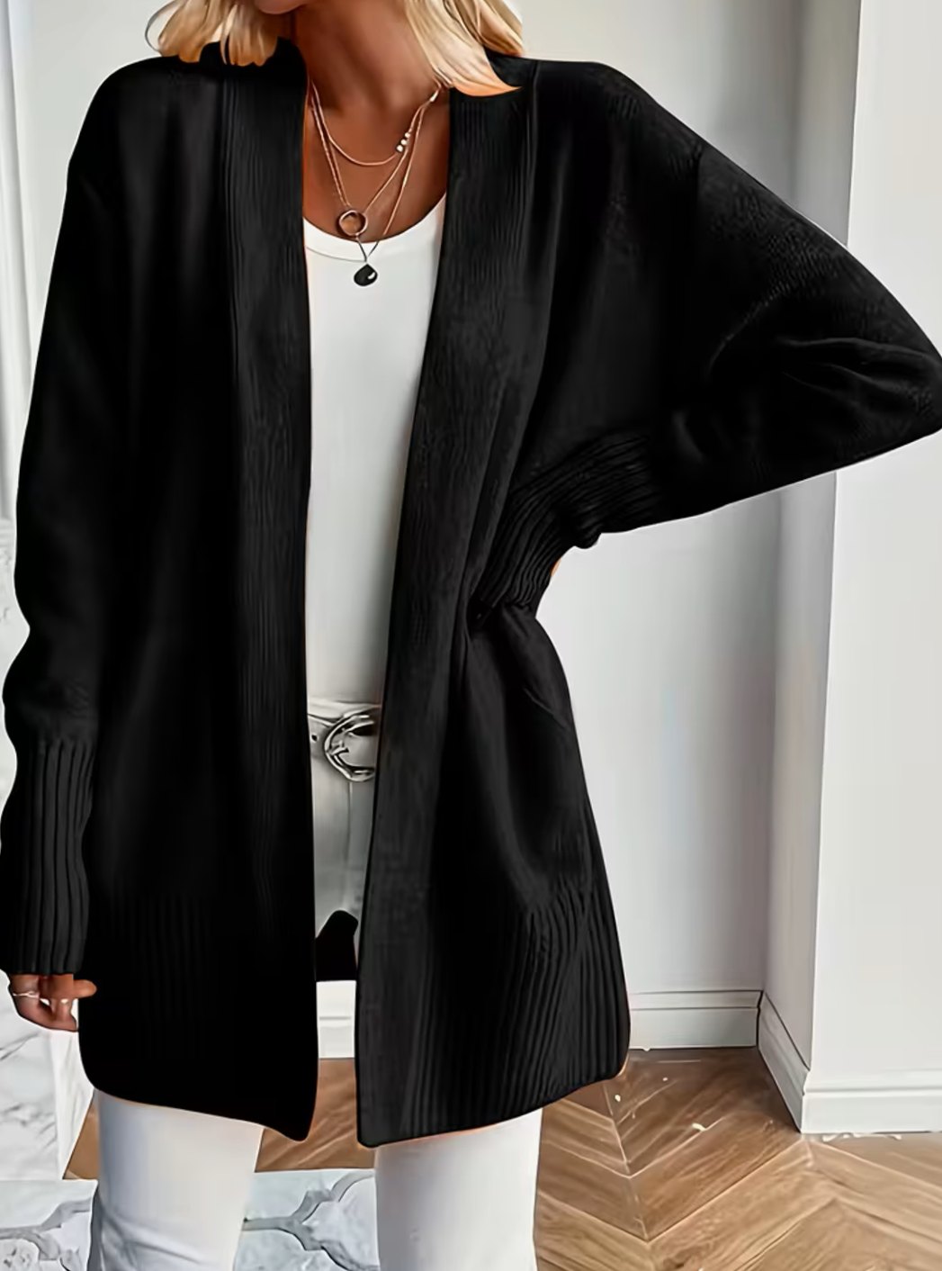 Cardigan femme oversize ouvert en maille côtelée à poches 1