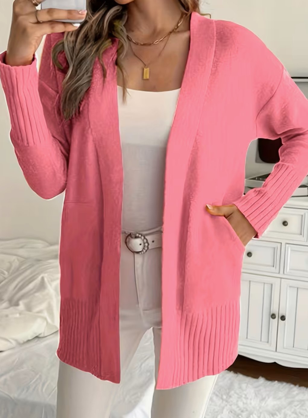 Cardigan femme oversize ouvert en maille côtelée à poches 14