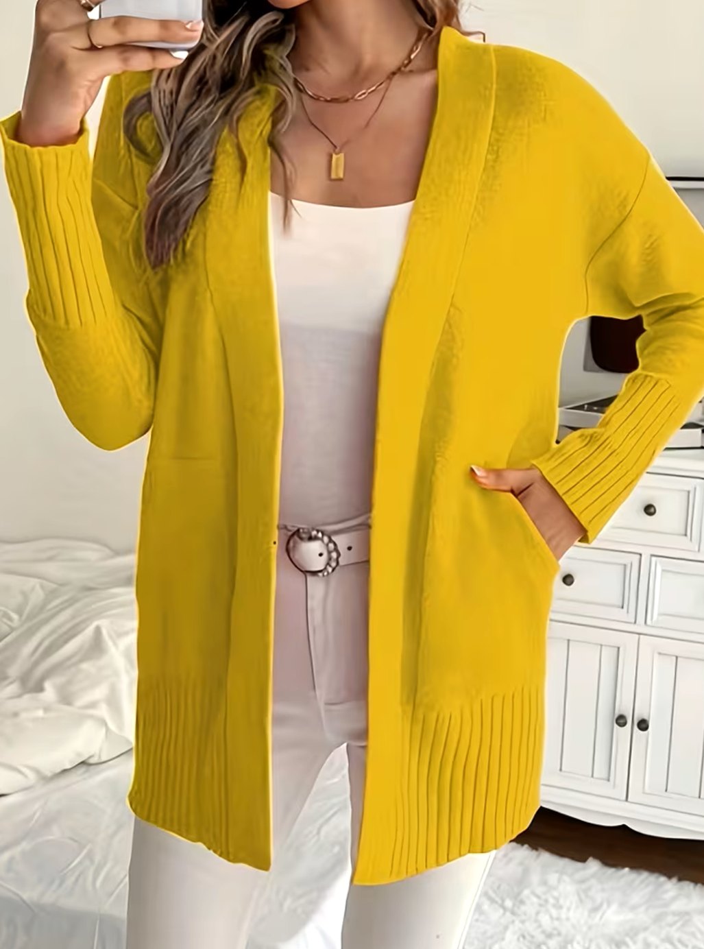 Cardigan femme oversize ouvert en maille côtelée à poches 15