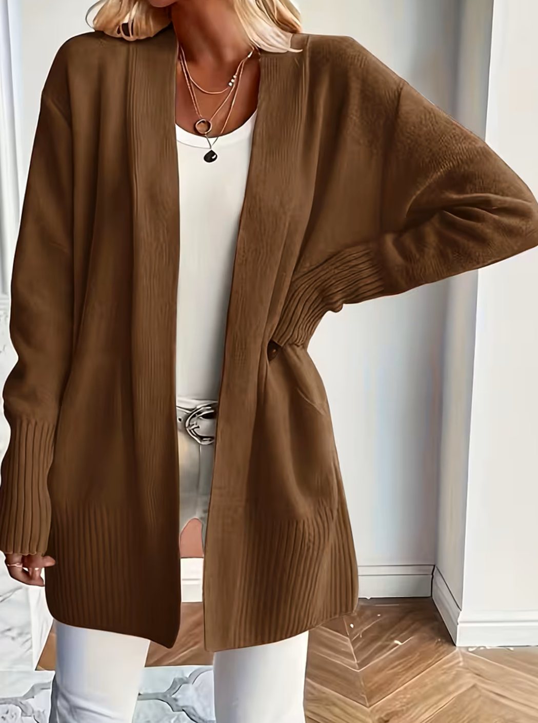 Cardigan femme oversize ouvert en maille côtelée à poches 16