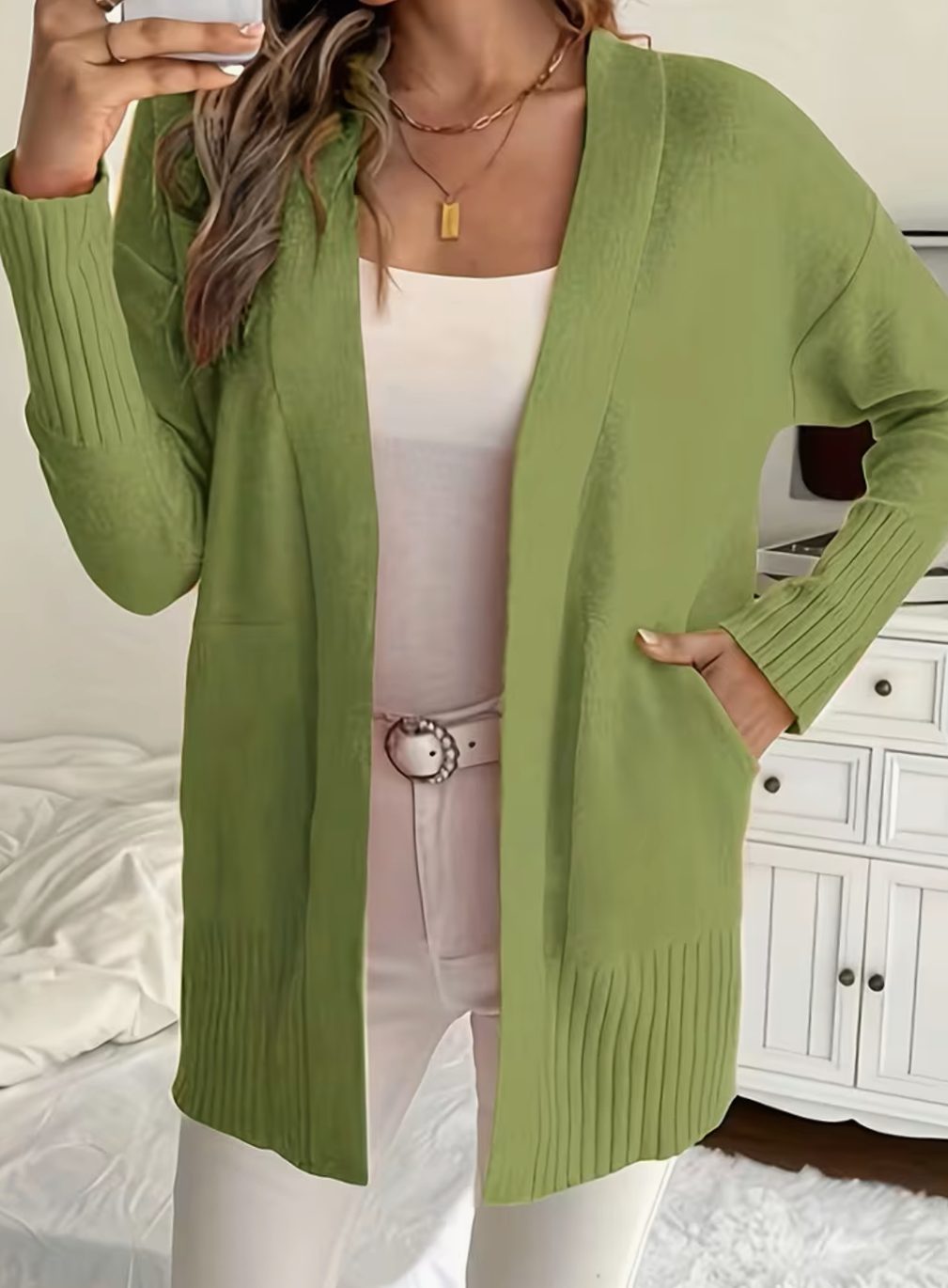 Cardigan femme oversize ouvert en maille côtelée à poches 3