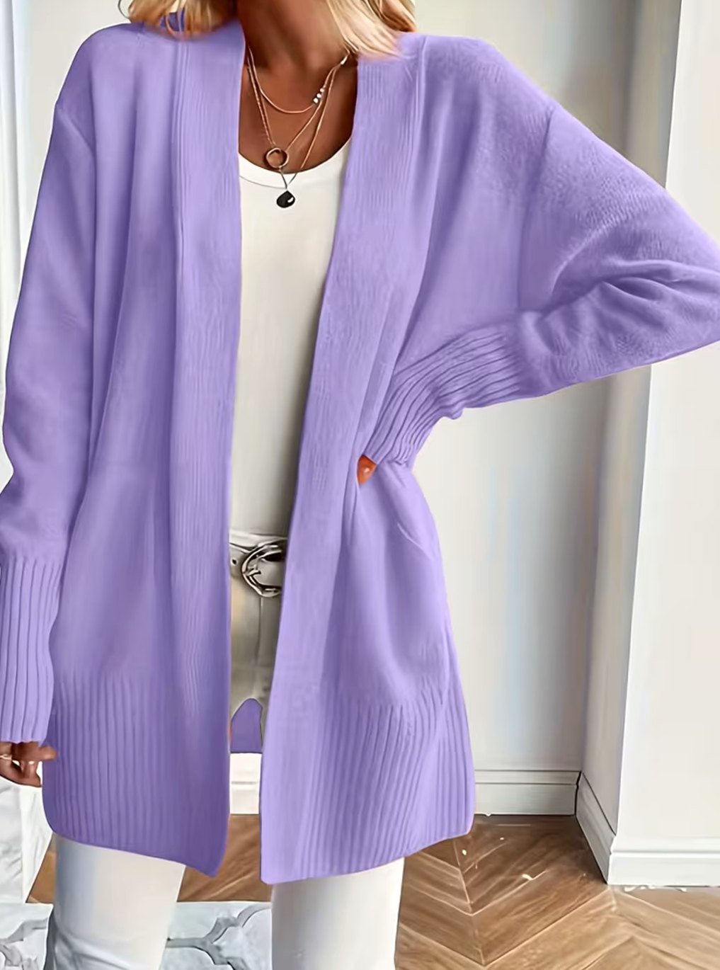 Cardigan femme oversize ouvert en maille côtelée à poches 4