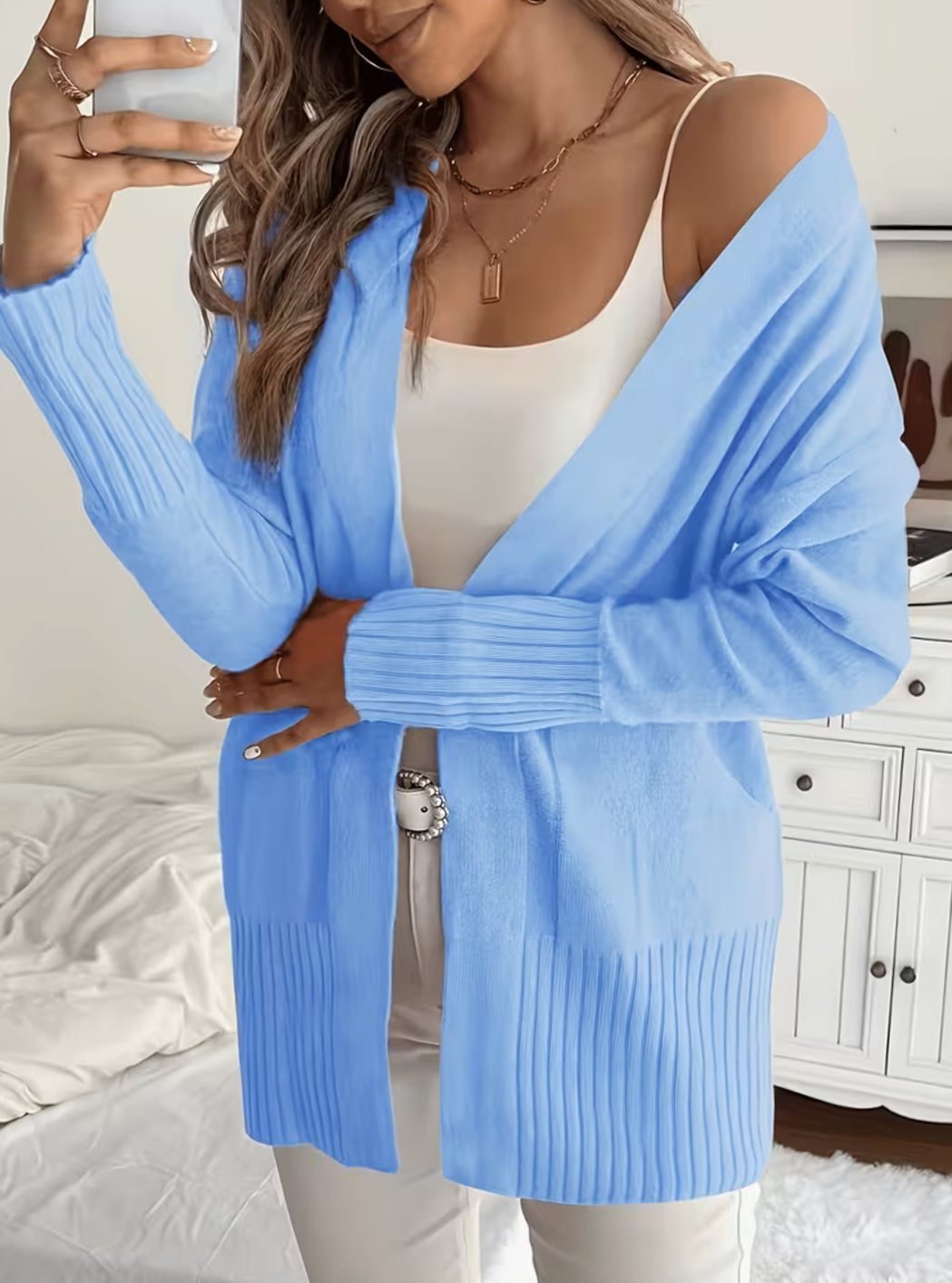 Cardigan femme oversize ouvert en maille côtelée à poches 9