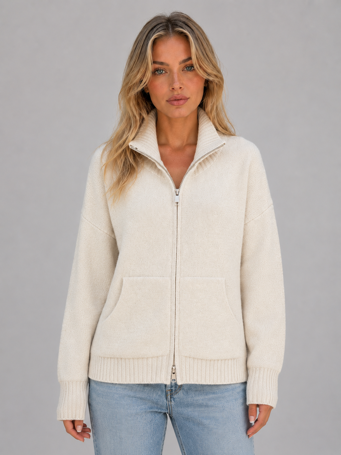 Cardigan femme zippé en maille à col cheminée 1