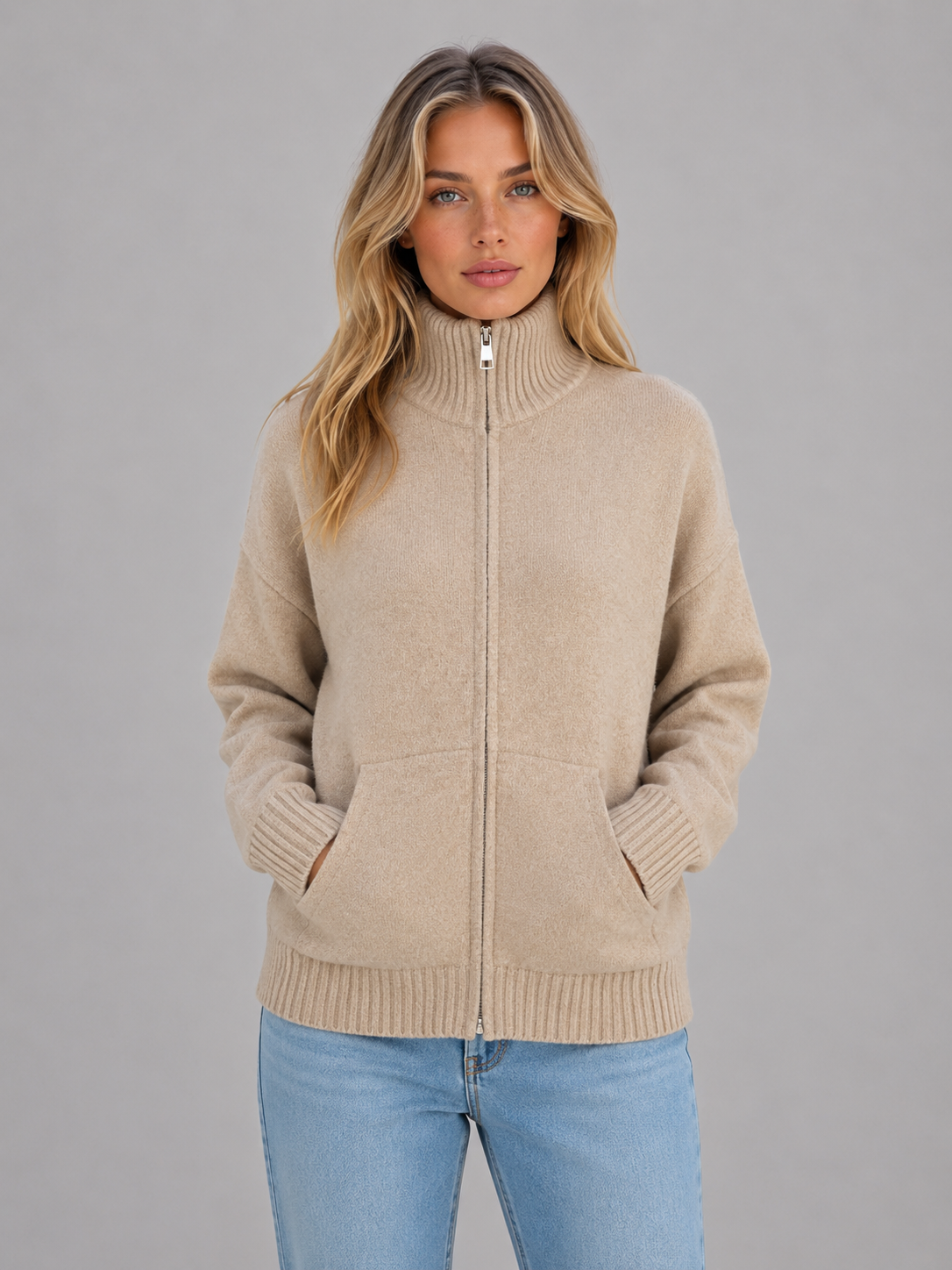 Cardigan femme zippé en maille à col cheminée 2