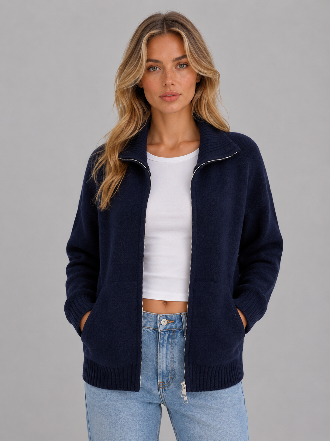 Cardigan femme zippé en maille à col cheminée 4