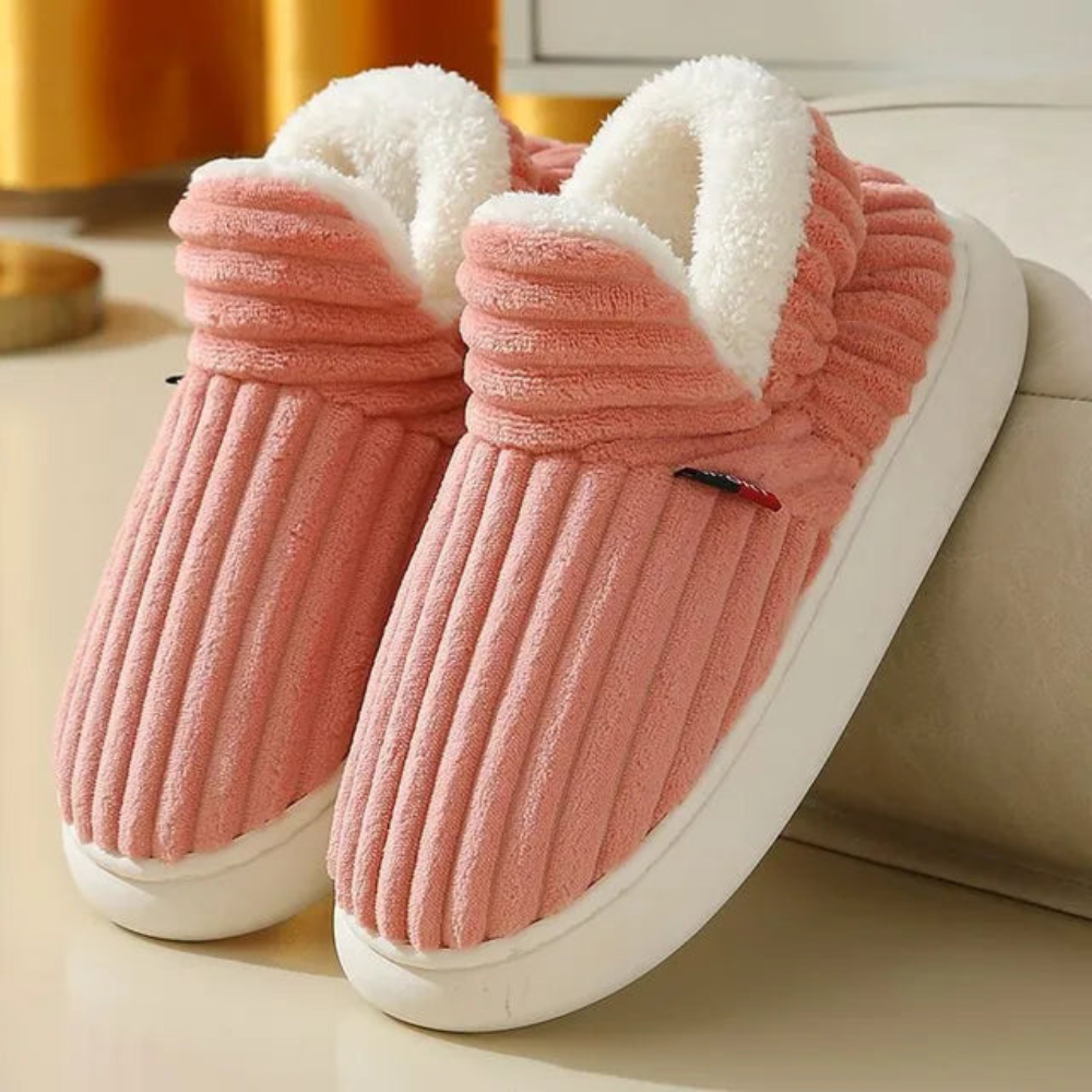 Chaussons femme côtelés à col fourré intérieur doublé 4