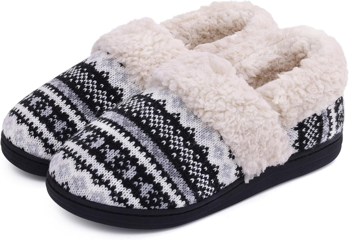 Chaussons femme en maille jacquard à col fourré semelle robuste 1