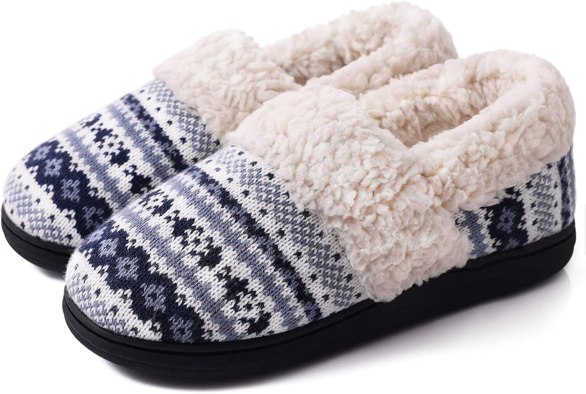 Chaussons femme en maille jacquard à col fourré semelle robuste 3