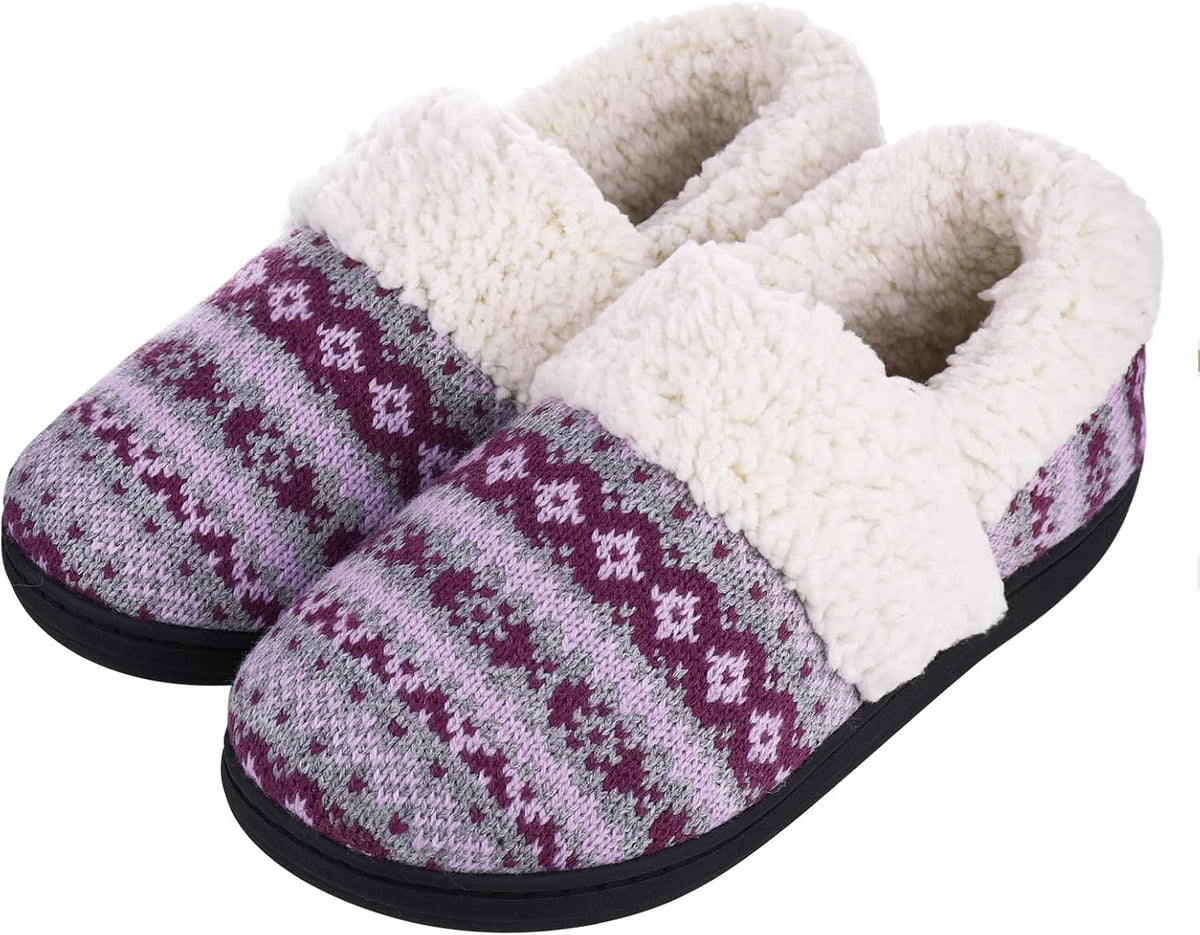 Chaussons femme en maille jacquard à col fourré semelle robuste 5