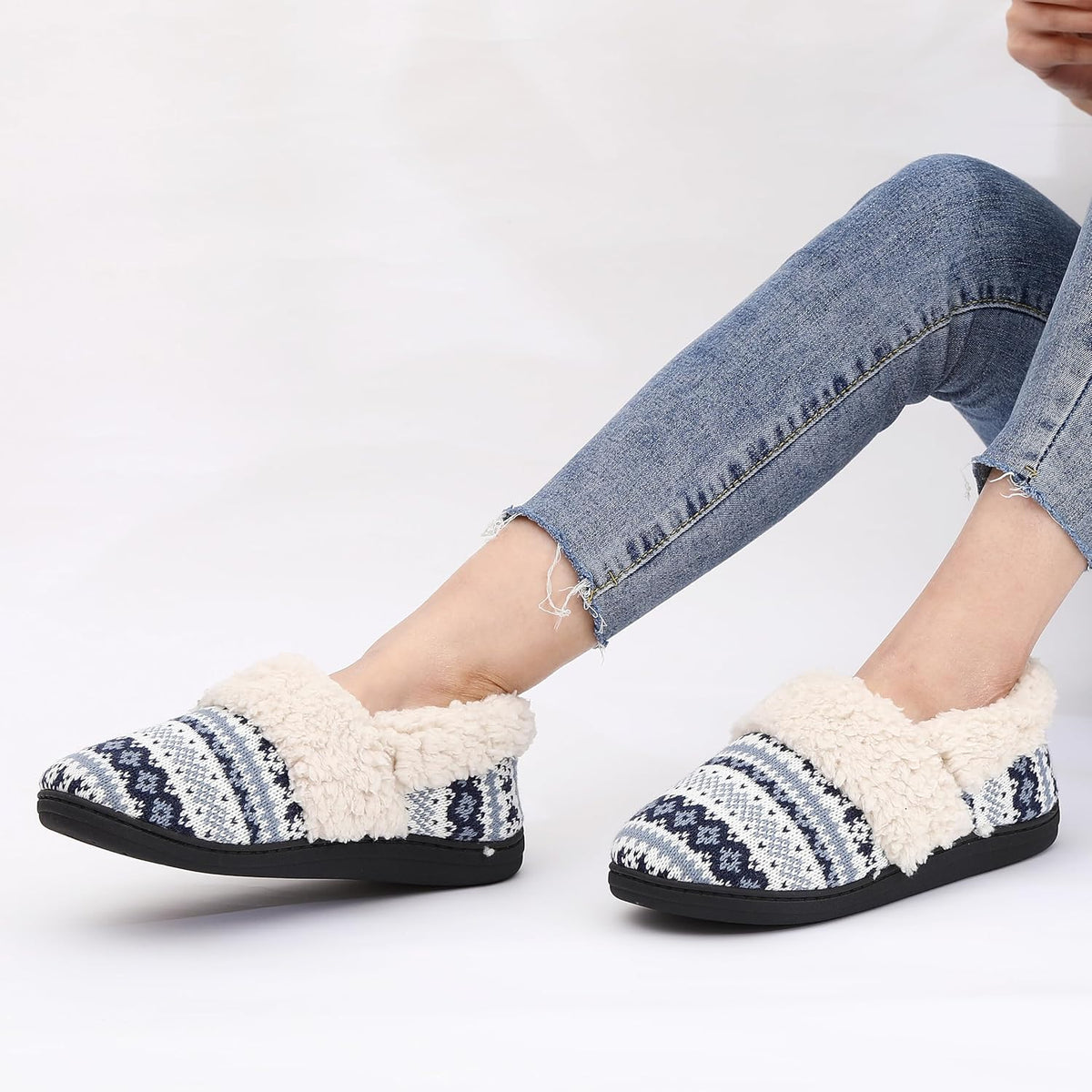 Chaussons femme en maille jacquard à col fourré semelle robuste 6