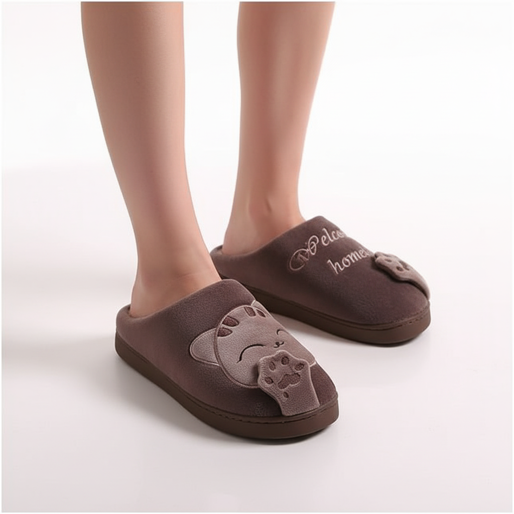 Chaussons femme peluche doublés motif animal semelle souple 1