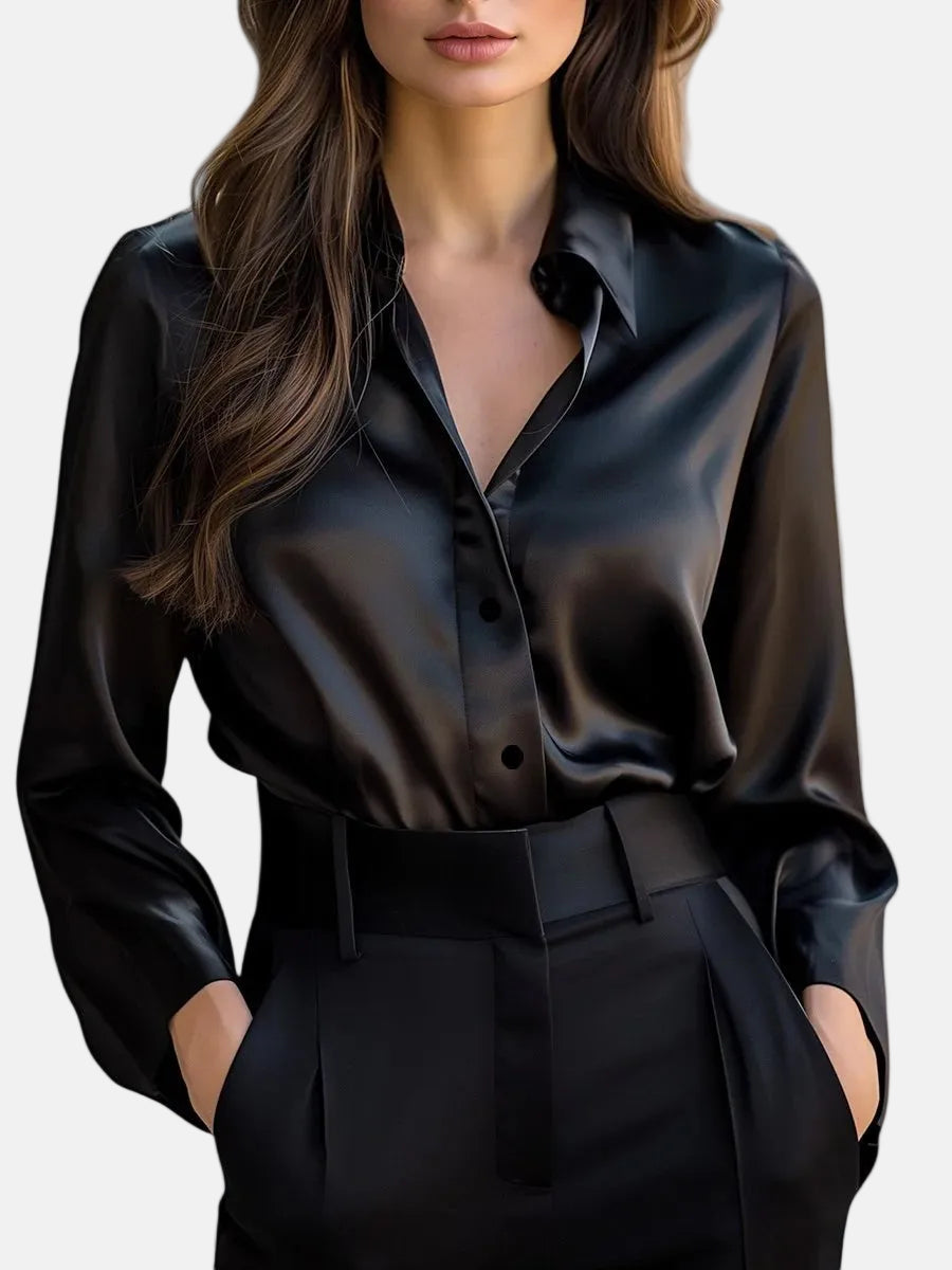 Chemisier en satin femme manches longues boutonné à col souple 1