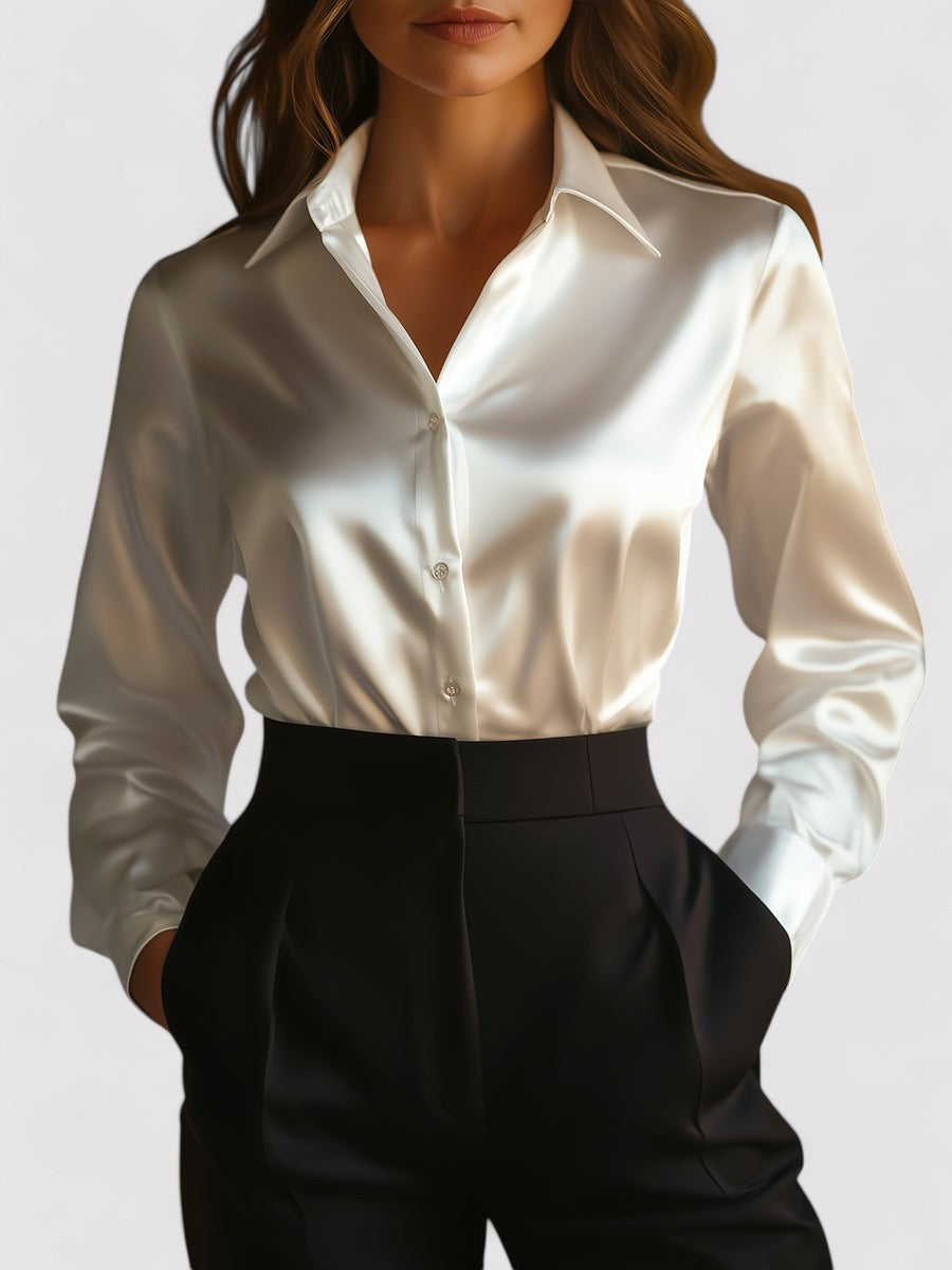 Chemisier en satin femme manches longues boutonné à col souple 3