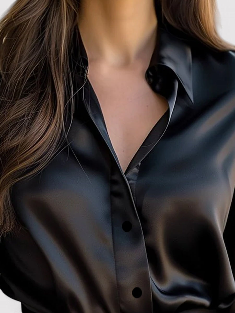 Chemisier en satin femme manches longues boutonné à col souple 5