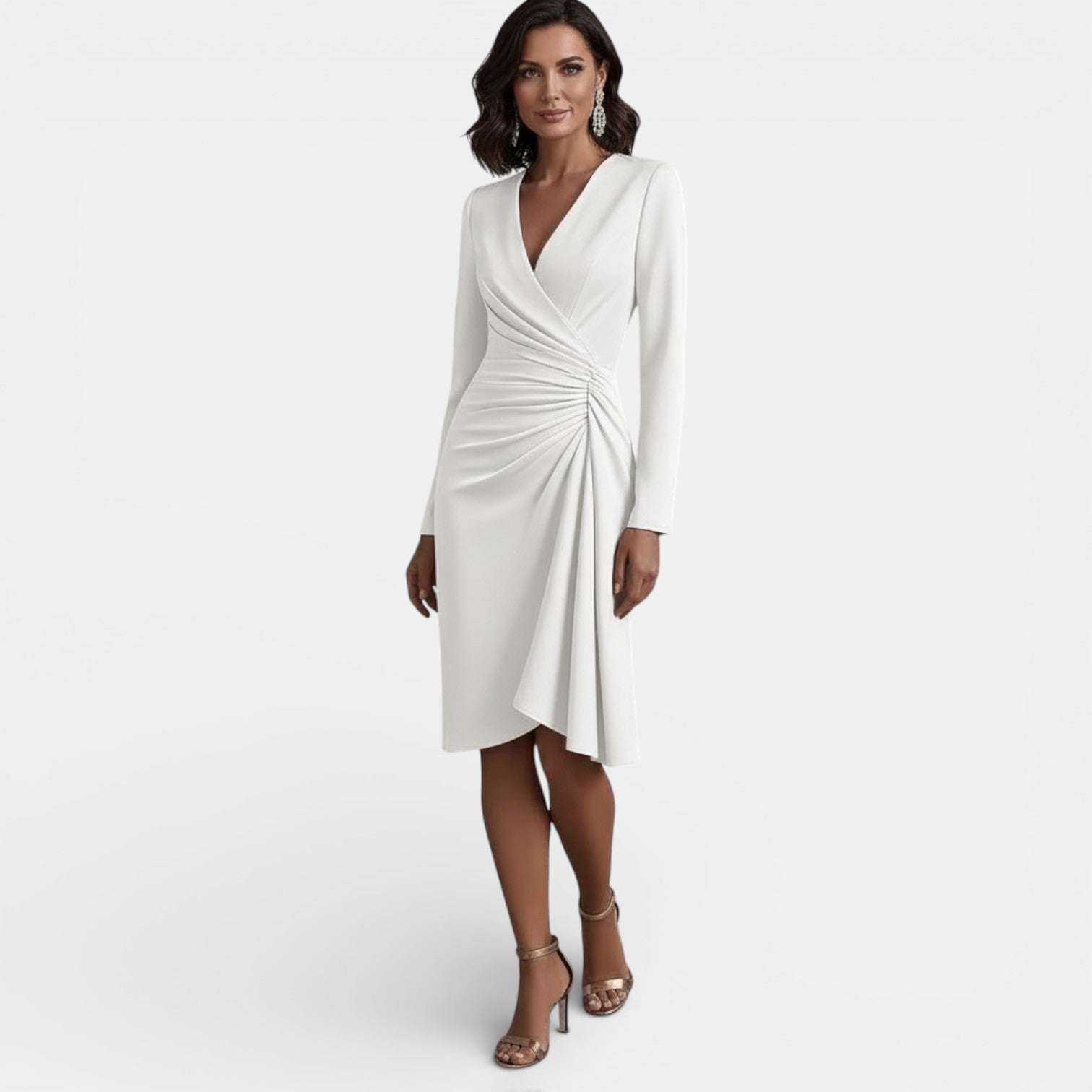 Robe midi élégante plissée à col en V et coupe trapèze