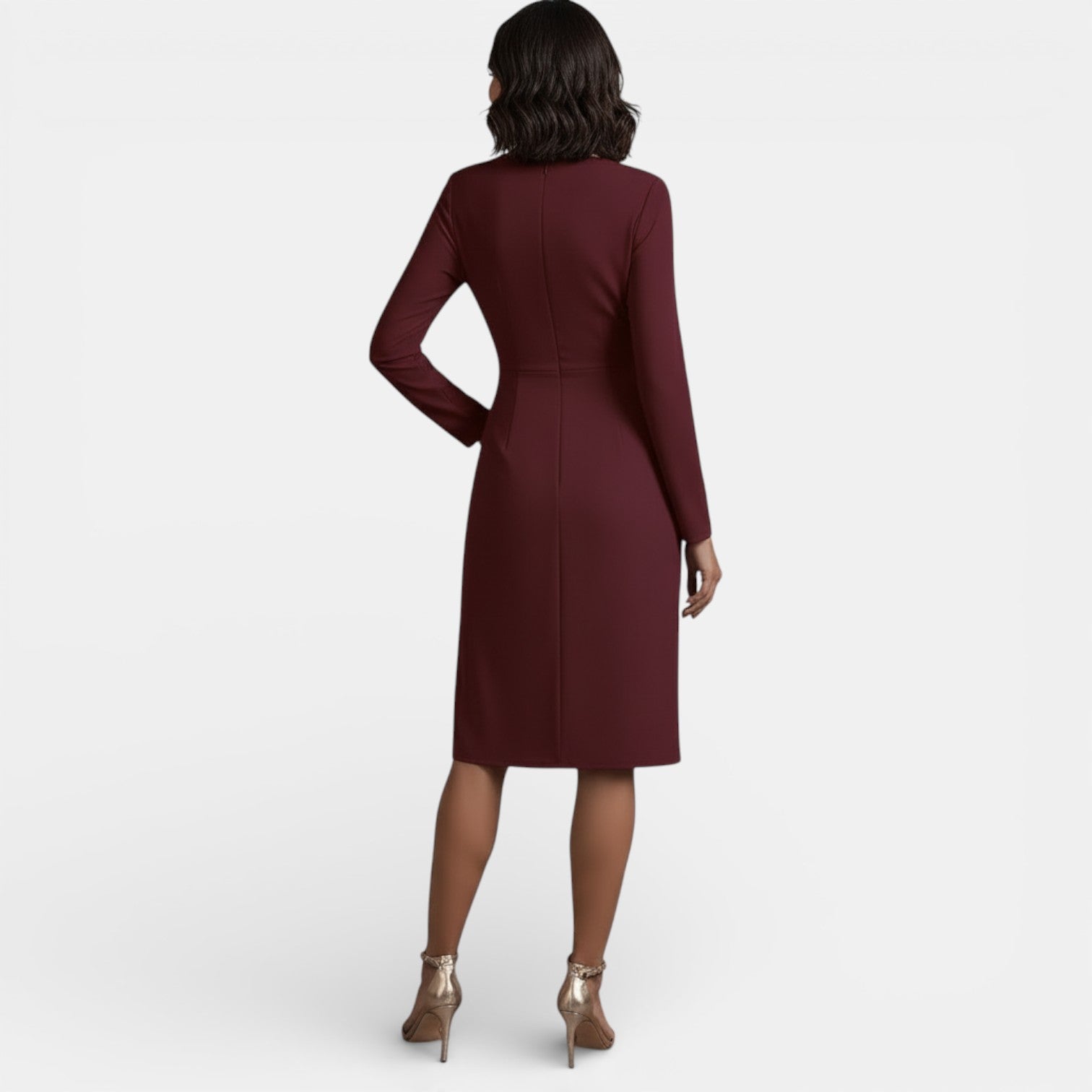 Robe midi élégante plissée à col en V et coupe trapèze