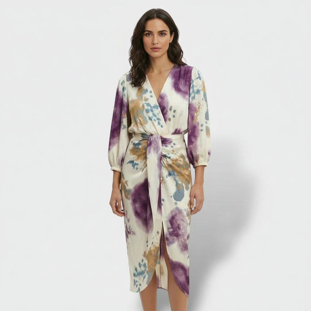 Robe midi deux-pièces à col en V et manches longues avec fente