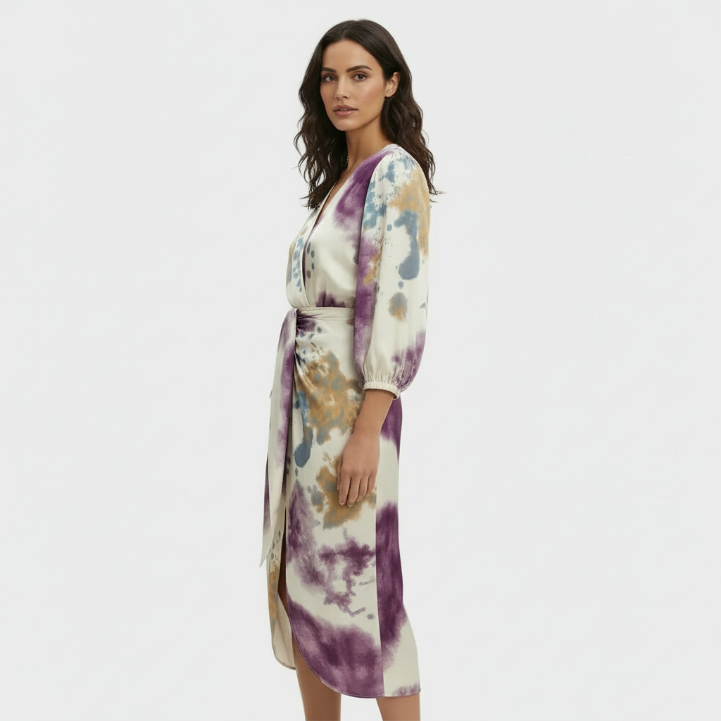 Robe midi deux-pièces à col en V et manches longues avec fente