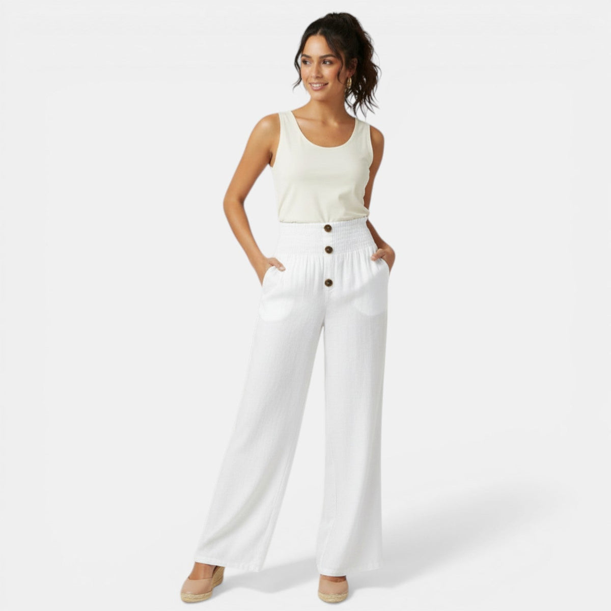 Pantalon large en lin et coton femme taille haute