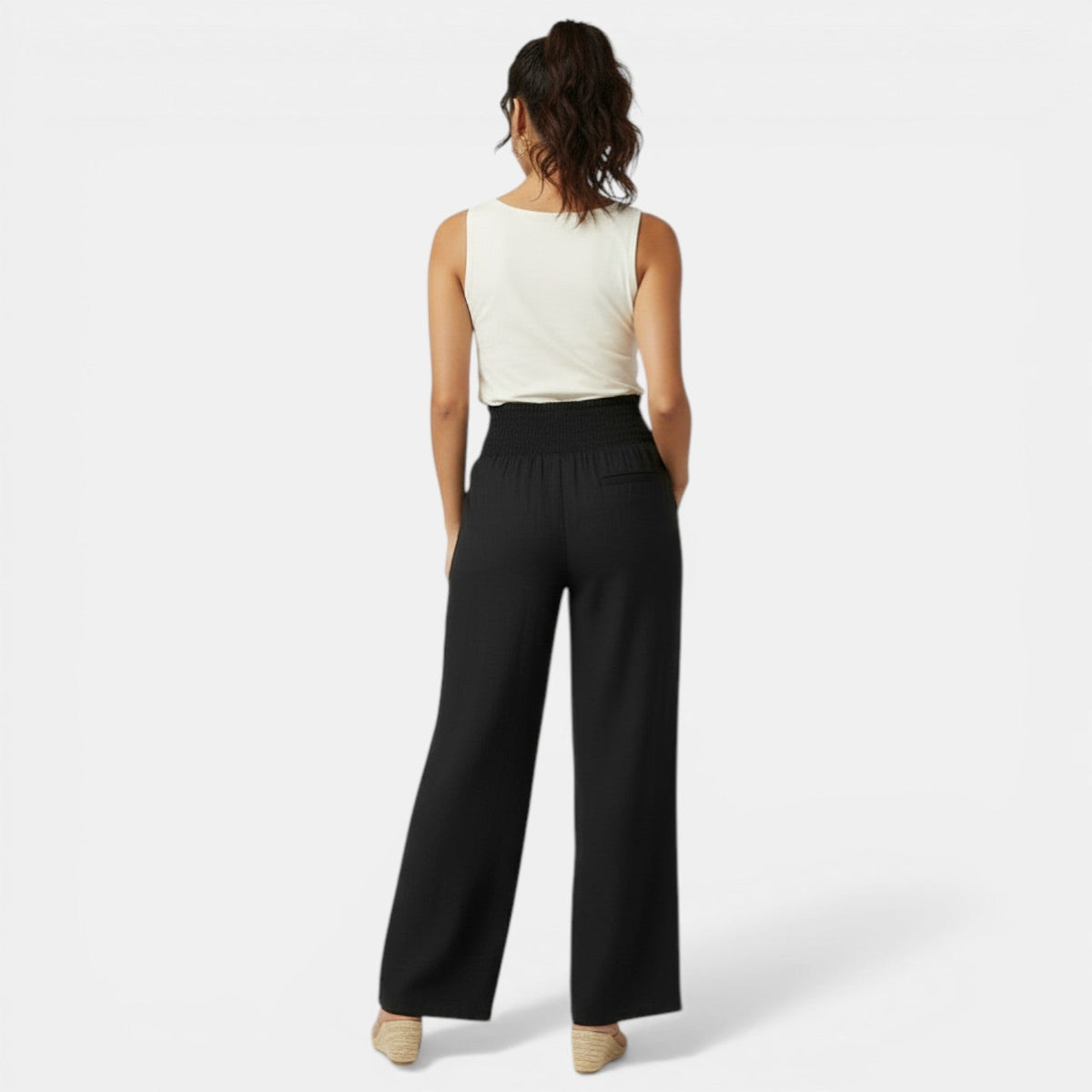 Pantalon large en lin et coton femme taille haute