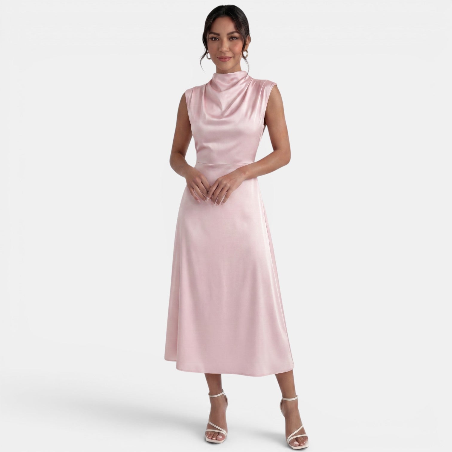 Robe midi élégante et fluide sans manches à col montant