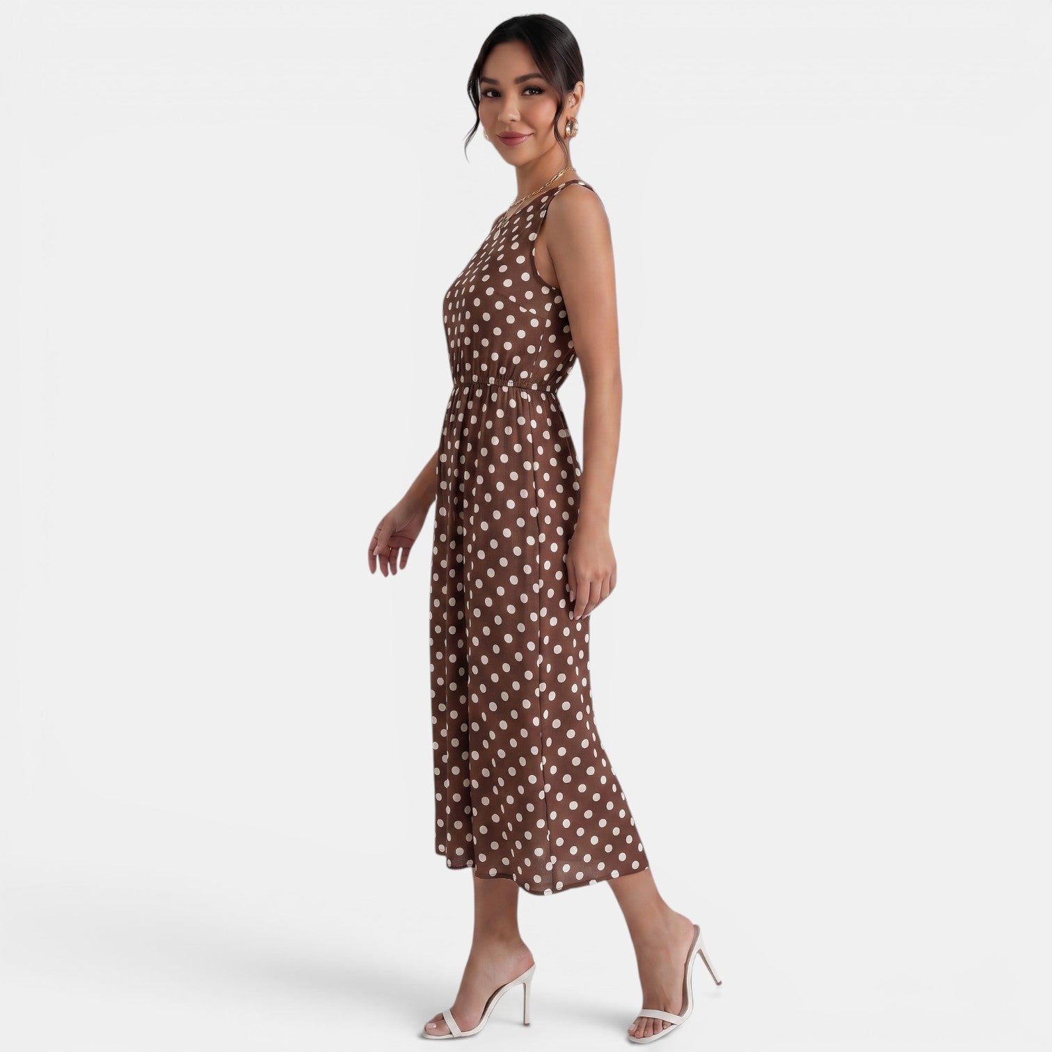 Robe midi à pois d'été sans manches à col rond et coupe trapèze