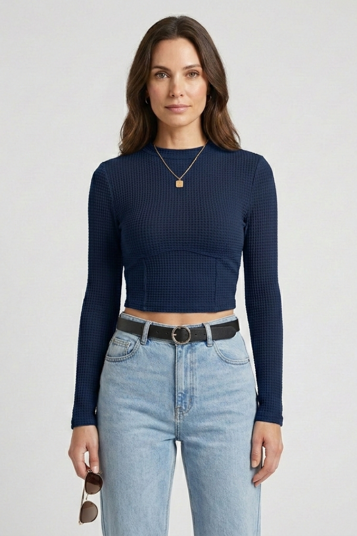Crop top manches longues femme en maille gaufrée à col rond montant 5
