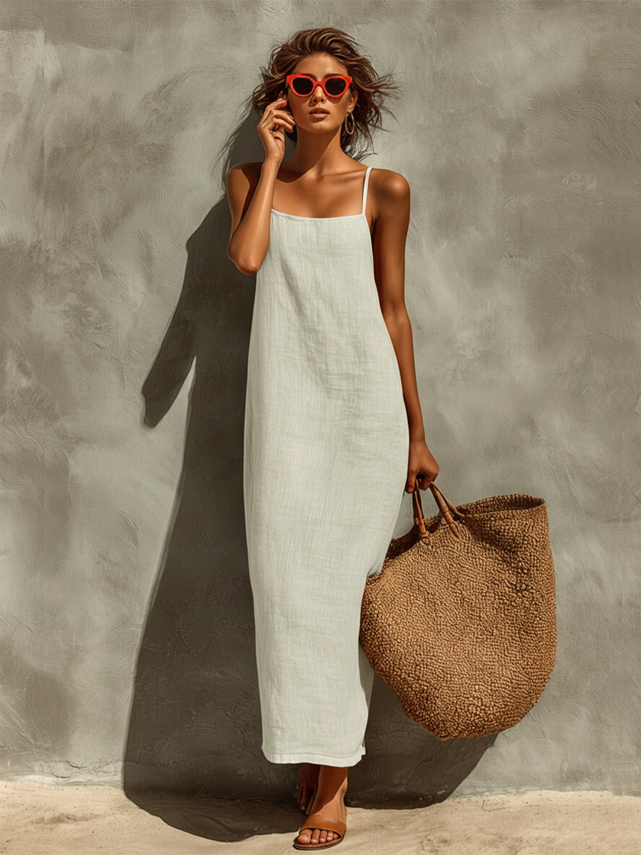 Robe maxi en coton style bohème à fines bretelles et col carré femme
