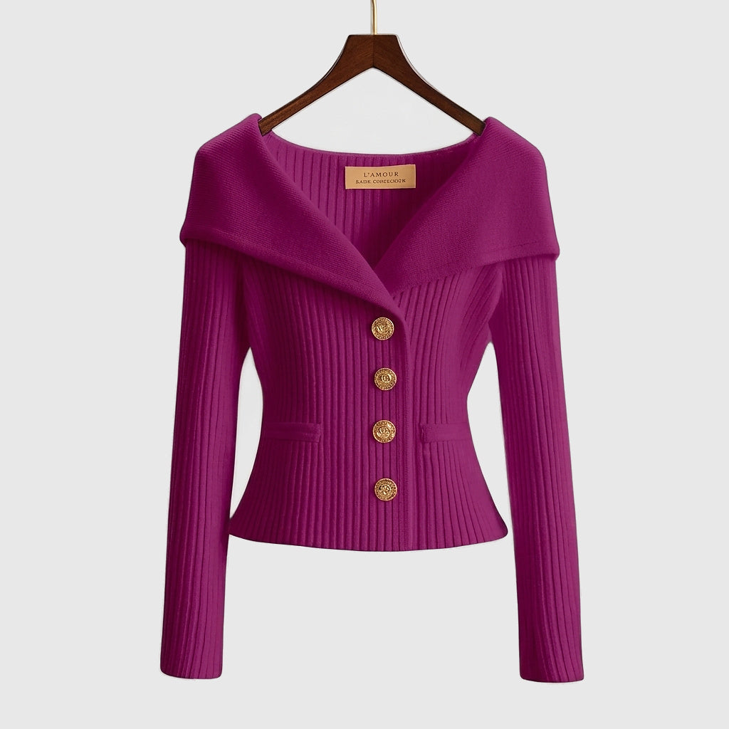 Gilet en maille côtelée femme à col bardot et boutons dorés