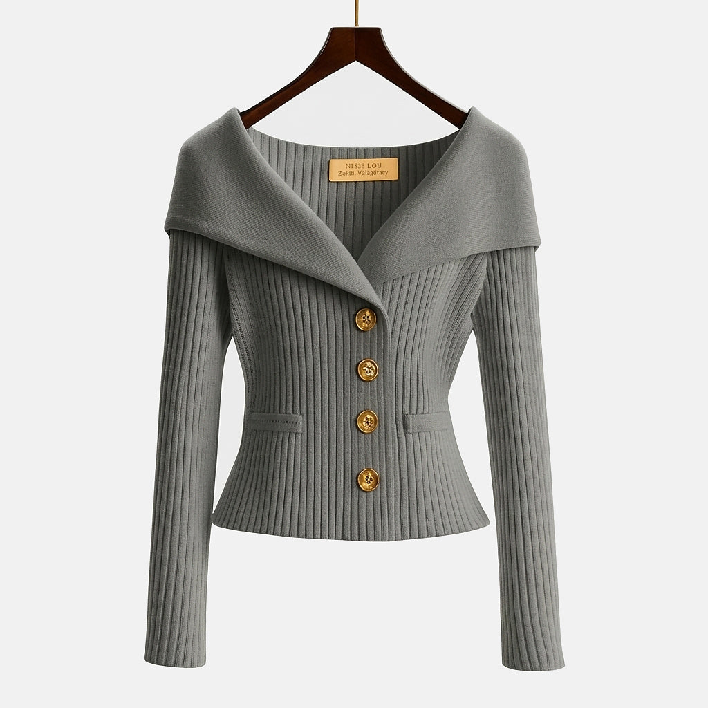 Gilet en maille côtelée femme à col bardot et boutons dorés