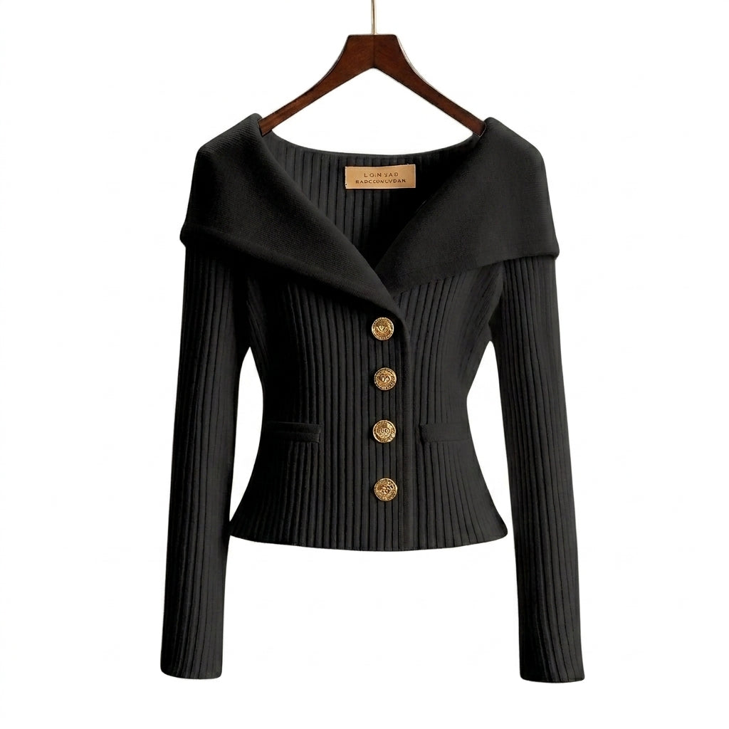 Gilet en maille côtelée femme à col bardot et boutons dorés
